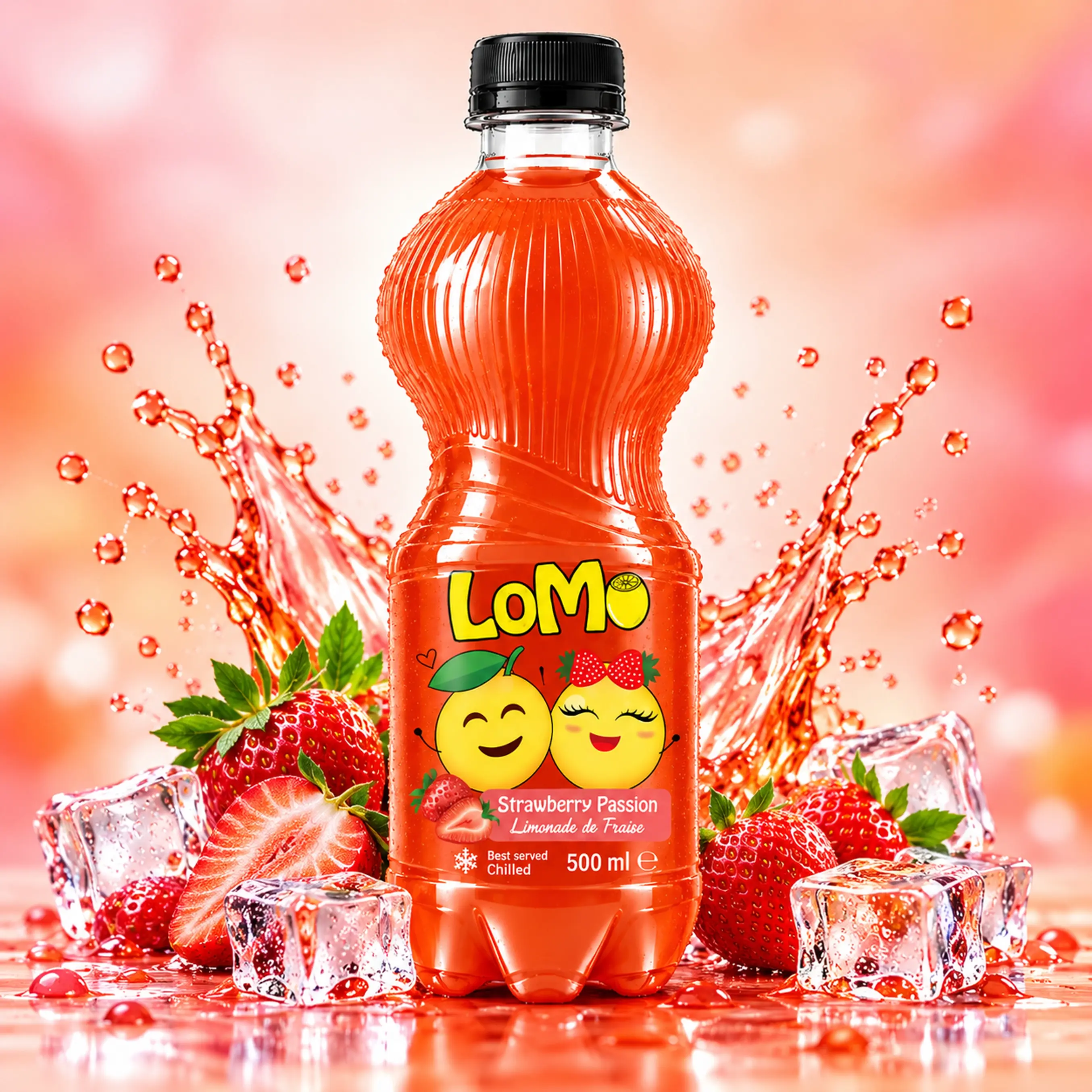 LOMO Strawberry Passion 500ml lemonade bottle with fresh strawberries, ice cubes and red splash.